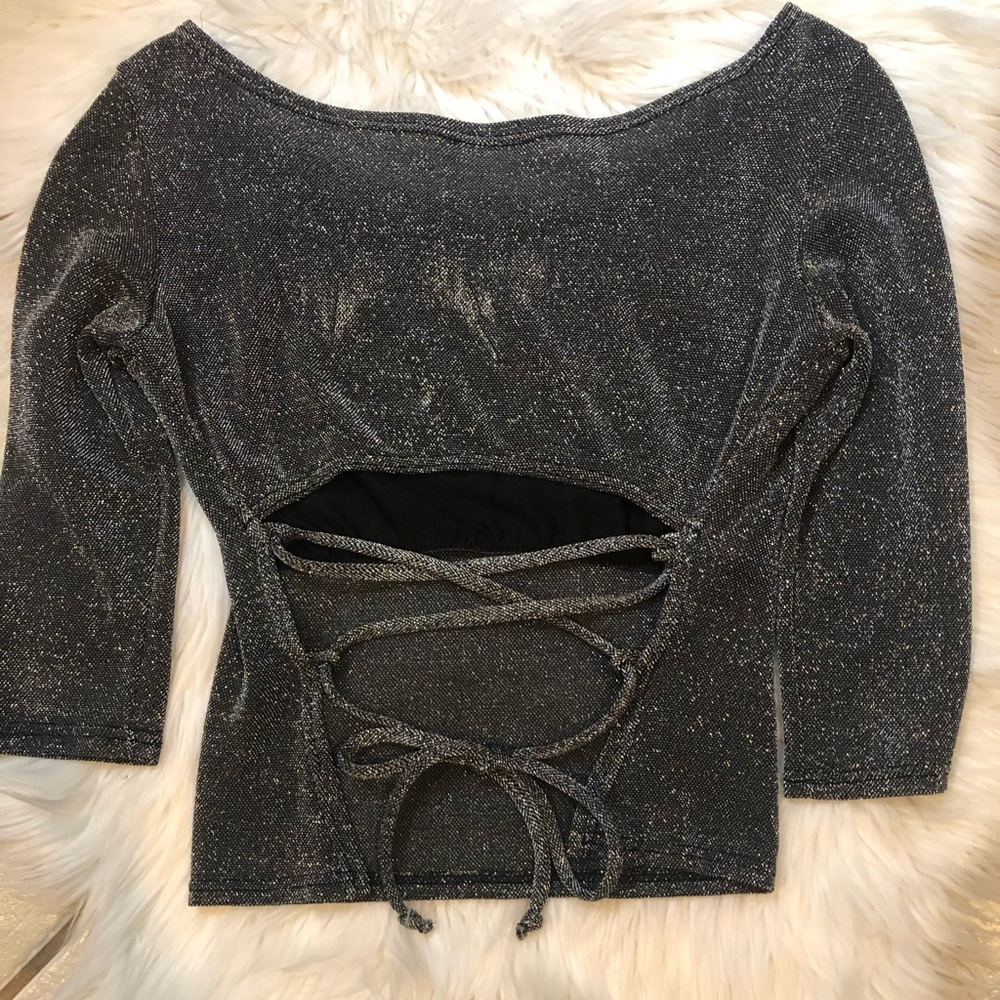 Metallic lace up back top